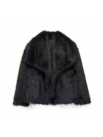 Women Solid Color Plush Elegant Short Faux Fur Jacket