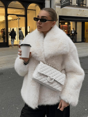 Women Solid Color Plush Elegant Short Faux Fur Jacket