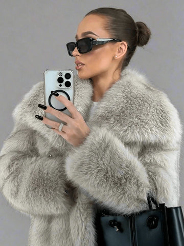 Women Solid Color Plush Elegant Short Faux Fur Jacket