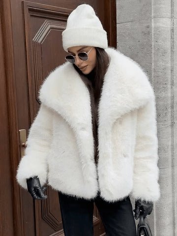 Women Solid Color Plush Elegant Short Faux Fur Jacket