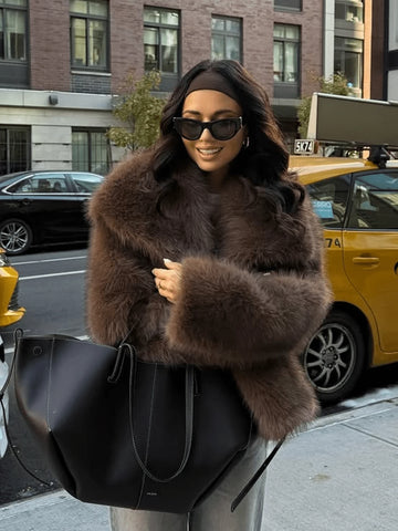 Women Solid Color Plush Elegant Short Faux Fur Jacket