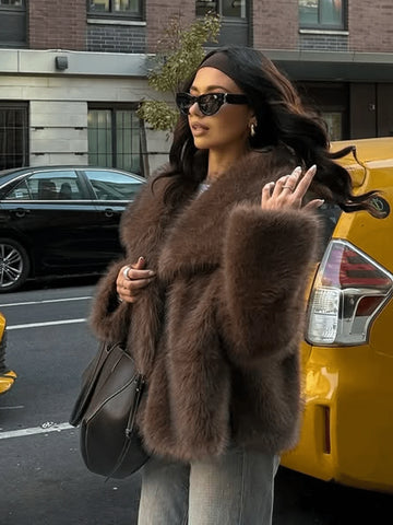 Women Solid Color Plush Elegant Short Faux Fur Jacket