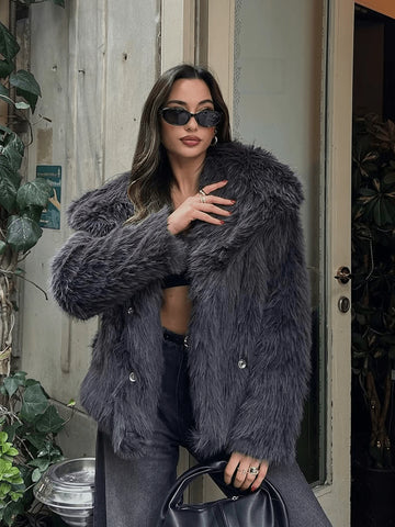 Women Solid Color Plush Elegant Short Faux Fur Jacket