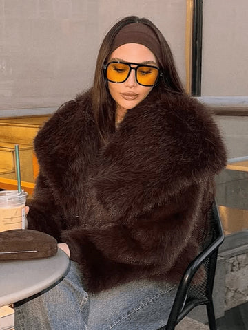 Women Solid Color Plush Elegant Short Faux Fur Jacket