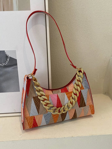 Geometric Pattern Chain Baguette Bag
