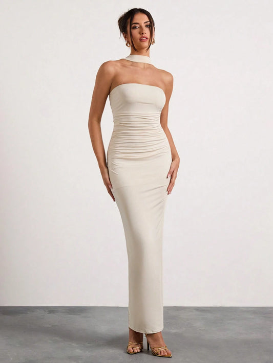 Off The Shoulder Ruched Halterneck Maxi Dress