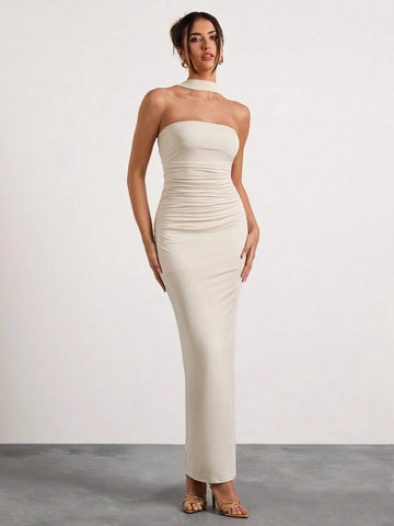 Off The Shoulder Ruched Halterneck Maxi Dress