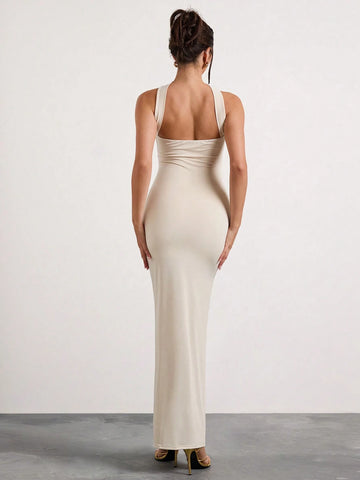 Off The Shoulder Ruched Halterneck Maxi Dress