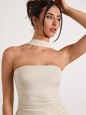 Off The Shoulder Ruched Halterneck Maxi Dress