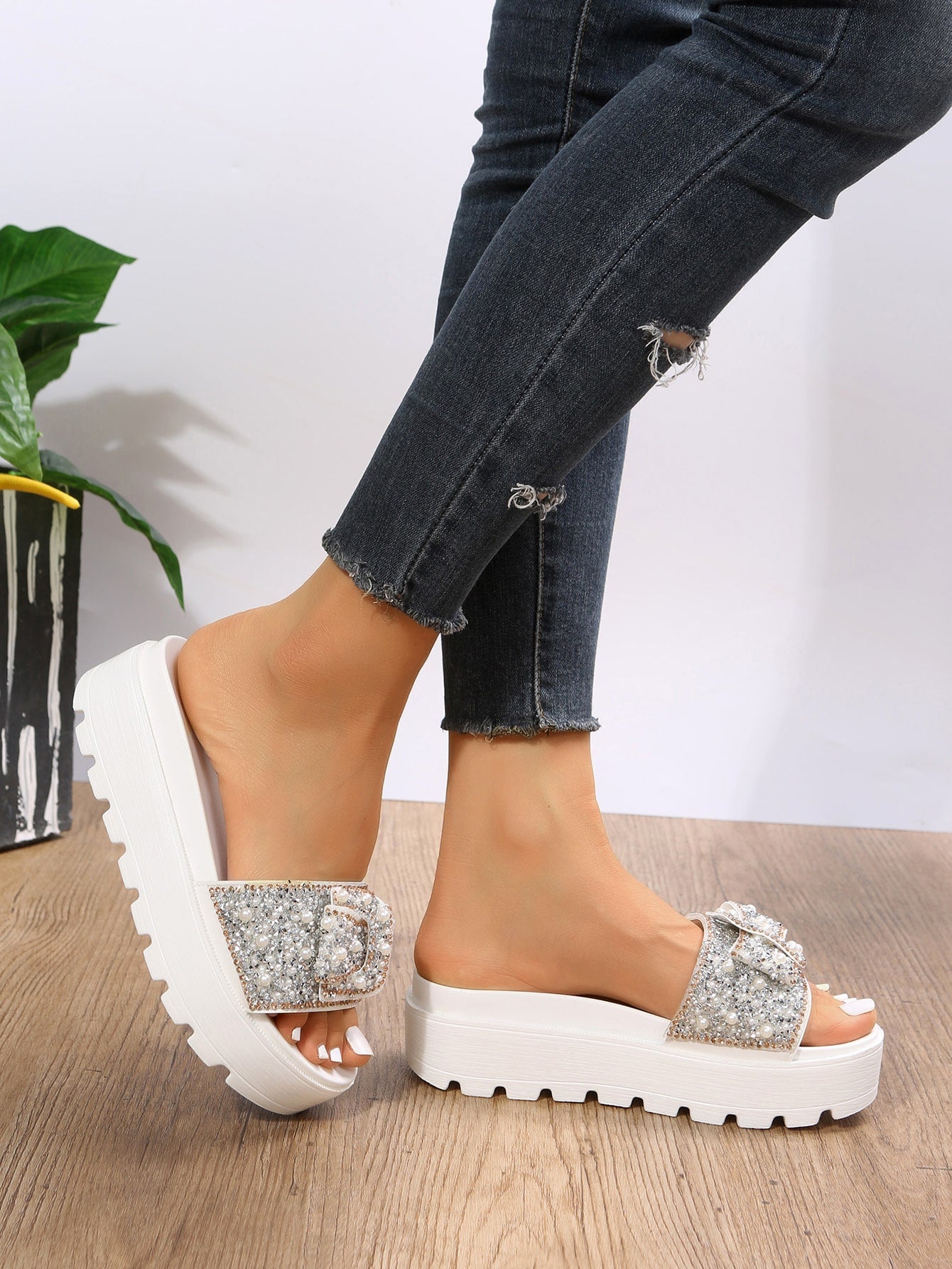 Glamorous White Wedge Slide Sandals