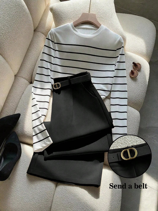 2pcs Commuter Elegant Striped Long Sleeve T-Shirt And Pants