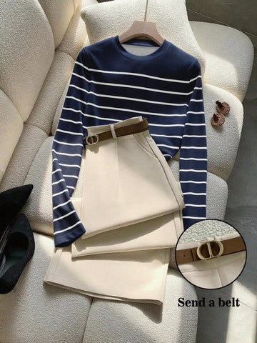 2pcs Commuter Elegant Striped Long Sleeve T-Shirt And Pants