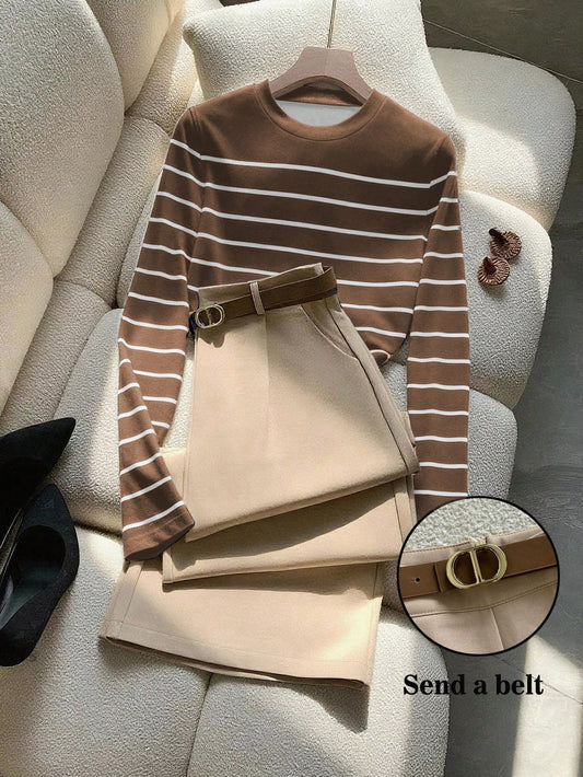 2pcs Commuter Elegant Striped Long Sleeve T-Shirt And Pants