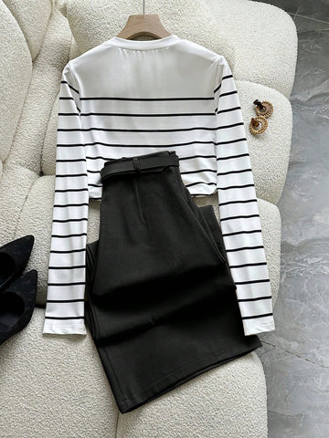 2pcs Commuter Elegant Striped Long Sleeve T-Shirt And Pants
