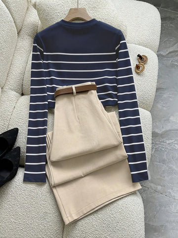 2pcs Commuter Elegant Striped Long Sleeve T-Shirt And Pants