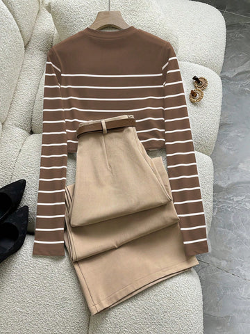 2pcs Commuter Elegant Striped Long Sleeve T-Shirt And Pants