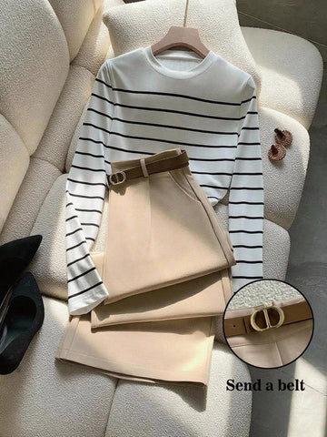 2pcs Commuter Elegant Striped Long Sleeve T-Shirt And Pants