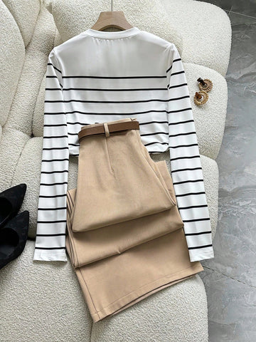 2pcs Commuter Elegant Striped Long Sleeve T-Shirt And Pants