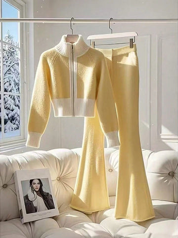 Women Fashion High-End Casual Contrast Color Stand Collar Sweater Jacket And Flared Pants