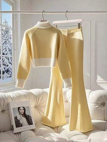 Women Fashion High-End Casual Contrast Color Stand Collar Sweater Jacket And Flared Pants