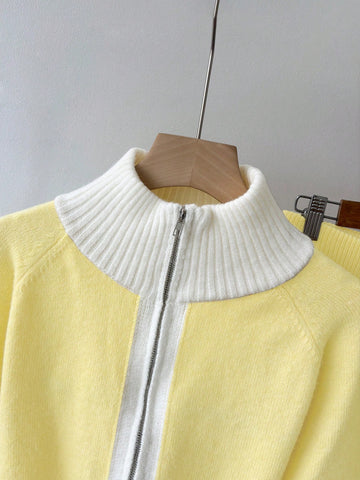 Women Fashion High-End Casual Contrast Color Stand Collar Sweater Jacket And Flared Pants