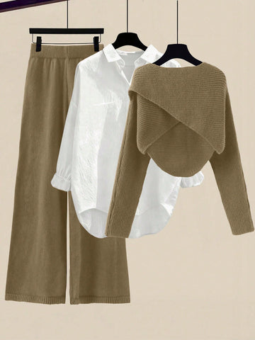 Women's Solid Color Wrap Sweater And Knit Pants