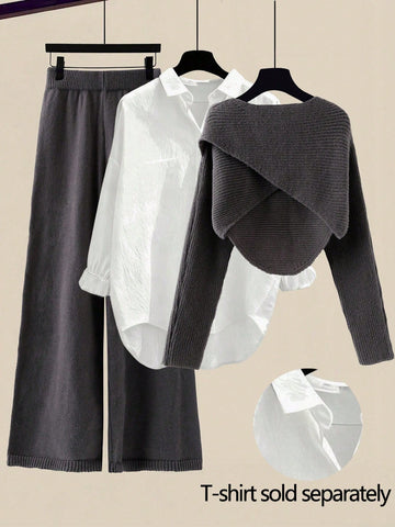 Women's Solid Color Wrap Sweater And Knit Pants