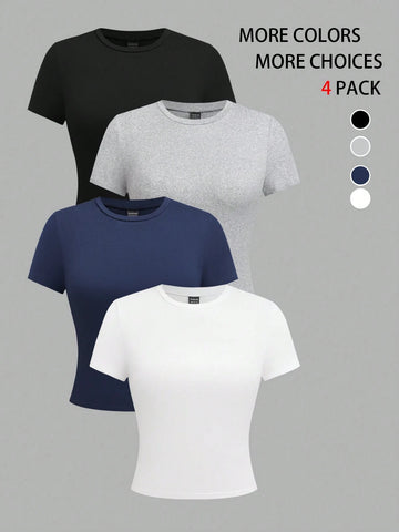 EMERY ROSE 4pcs Women Solid Color Crop Fitted Crew Neck Short Sleeve T-Shirts
