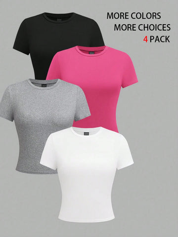 EMERY ROSE 4pcs Women Solid Color Crop Fitted Crew Neck Short Sleeve T-Shirts
