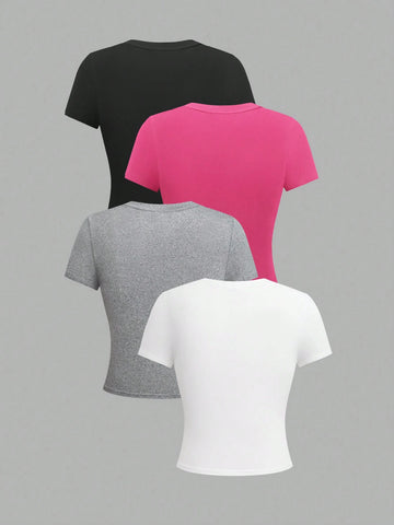 EMERY ROSE 4pcs Women Solid Color Crop Fitted Crew Neck Short Sleeve T-Shirts