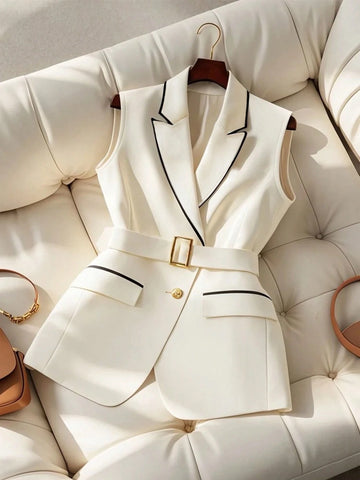 GlowEve Women's Colorblock Trim Belted Sleeveless Elegant Blazer