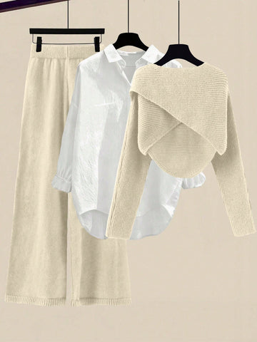 Women's Solid Color Wrap Sweater And Knit Pants