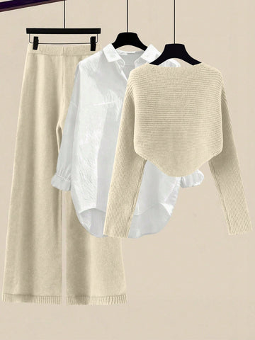 Women's Solid Color Wrap Sweater And Knit Pants