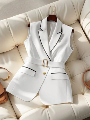 GlowEve Women's Colorblock Trim Belted Sleeveless Elegant Blazer