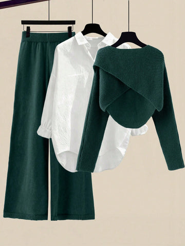 Women's Solid Color Wrap Sweater And Knit Pants