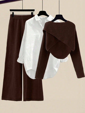 Women's Solid Color Wrap Sweater And Knit Pants