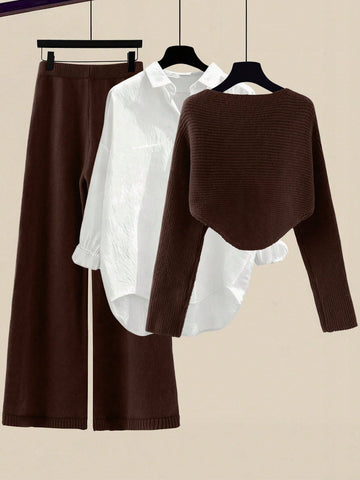 Women's Solid Color Wrap Sweater And Knit Pants