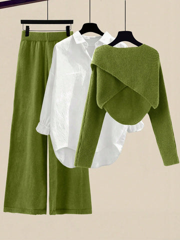 Women's Solid Color Wrap Sweater And Knit Pants