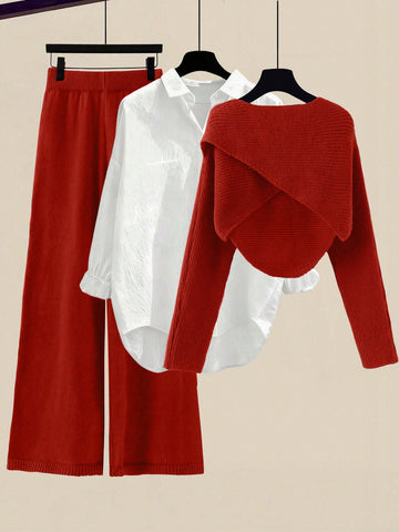 Women's Solid Color Wrap Sweater And Knit Pants