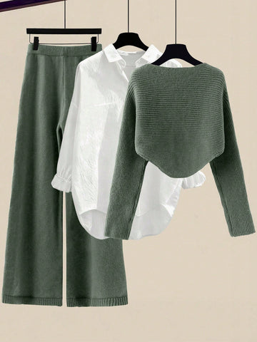 Women's Solid Color Wrap Sweater And Knit Pants