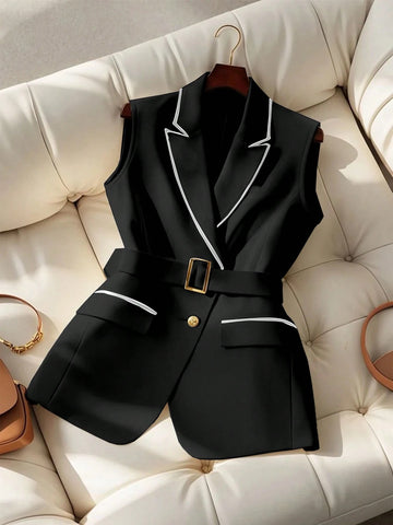 GlowEve Women's Colorblock Trim Belted Sleeveless Elegant Blazer