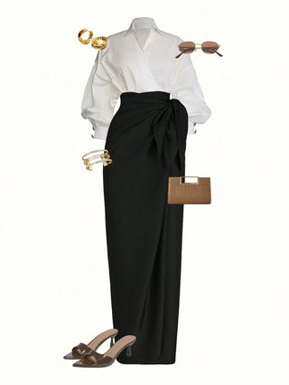 Wrap Long Sleeve Top And Tie-Waist Skirt