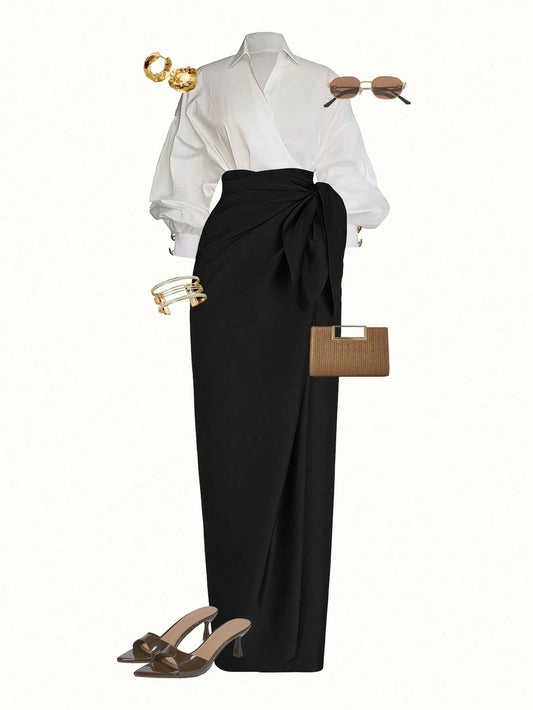 Wrap Long Sleeve Top And Tie-Waist Skirt