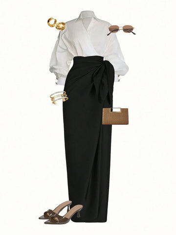 Wrap Long Sleeve Top And Tie-Waist Skirt