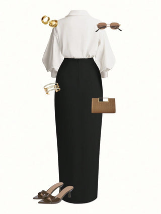 Wrap Long Sleeve Top And Tie-Waist Skirt