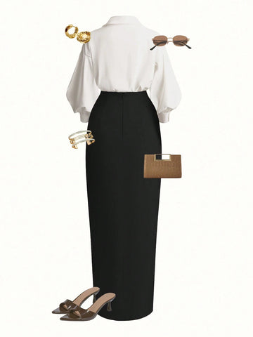 Wrap Long Sleeve Top And Tie-Waist Skirt