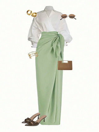 Wrap Long Sleeve Top And Tie-Waist Skirt