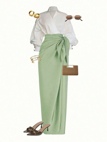 Wrap Long Sleeve Top And Tie-Waist Skirt