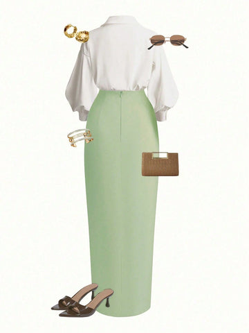 Wrap Long Sleeve Top And Tie-Waist Skirt