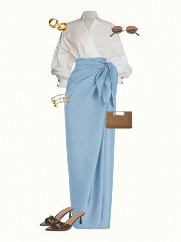 Wrap Long Sleeve Top And Tie-Waist Skirt